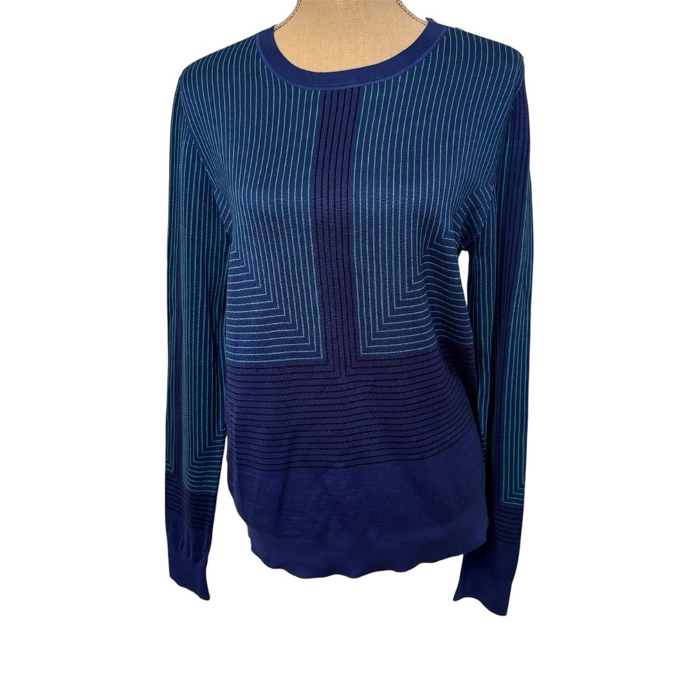 PROENZA SCHOULER SWEATER CREWNECK BLUE GREEN BLACK STRIPE SILK SNAPS SIZE L